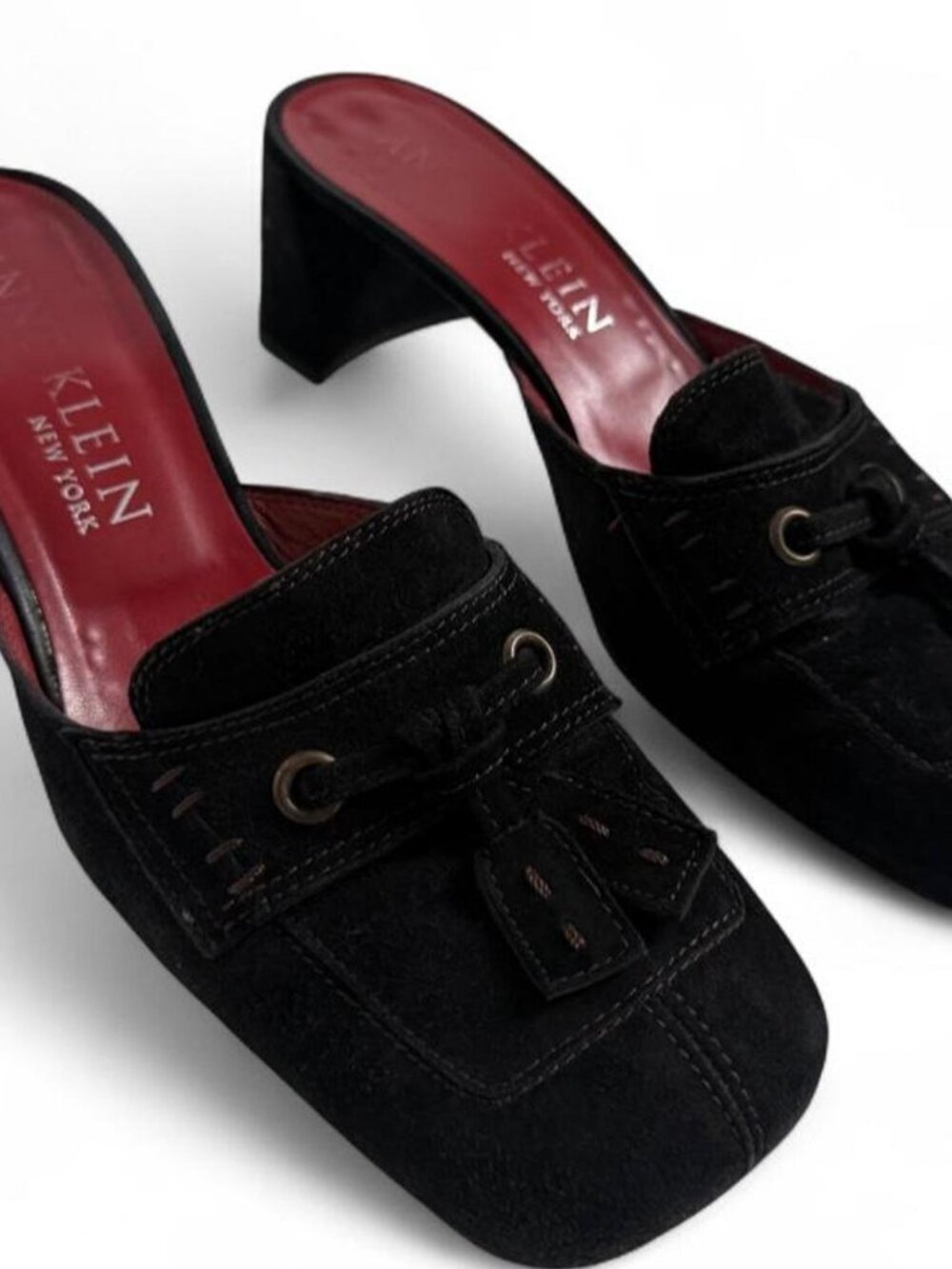 Vintage Anne Klein New York Black Suede Tassel Heeled Mules Size 9.5